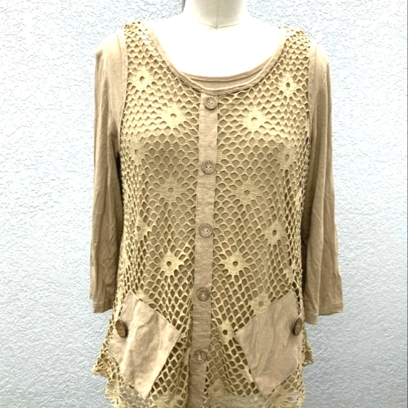Onque Casuals PM Tan PeekaBoo Top/Blouse/Tunic Crochet Overlay Lagenlook… - Picture 1 of 10